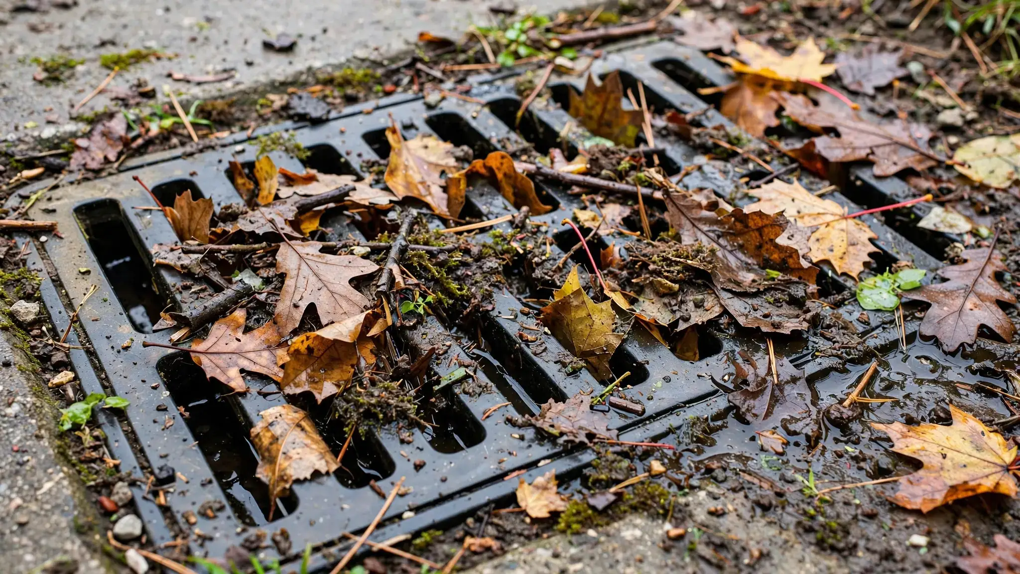 Yard Drain Clogged With Leaves And Debris